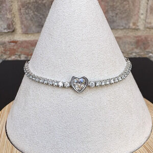 Swarovski Clear Crystal Heart Bracelet Silver Tone Sliding Closure Dainty